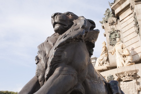 Lion Statue located at the Columbus statue in Barcelonaの写真素材