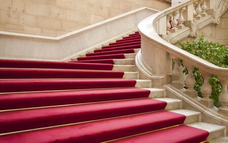 Elegant marble stairs with red carpet galaのeditorial素材