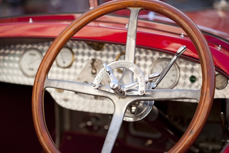 Wood steering wheel belonging to a vintage car