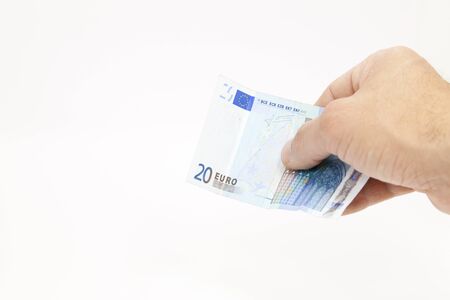 Person submitting a ticket for 20 euros with a white background
