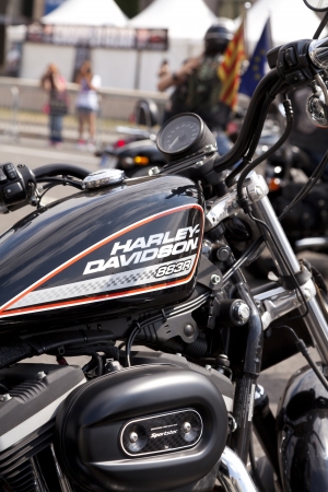 BARCELONA - JULY 06  Harley-Davidson Motorcycles parked during the Barcelona Harley Days event on the city streets on July 06, 2012 in Barcelona, Spainのeditorial素材