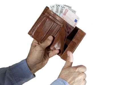 Happy person with a wallet full of euro notes
