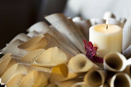 Centerpiece with candle made ??from recycled materialsの写真素材