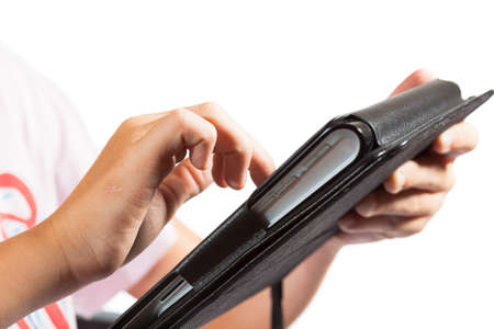 Student consulting with a tablet and white backgroundの写真素材