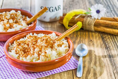 Rice with milk flavored with lemon and cinnamonの写真素材