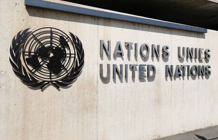 GENEVA, SWITZERLAND - AUGUST, 2019: United Nations entrance and building in Geneva in a beautiful summer day, Switzerlandのeditorial素材