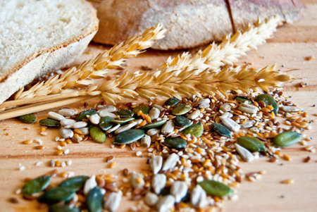 sliced bread on a wooden boardの写真素材