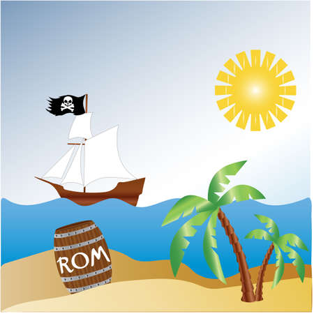 Pirate Bay with palm trees and a barrel of rum. 
Vector illustration.のイラスト素材