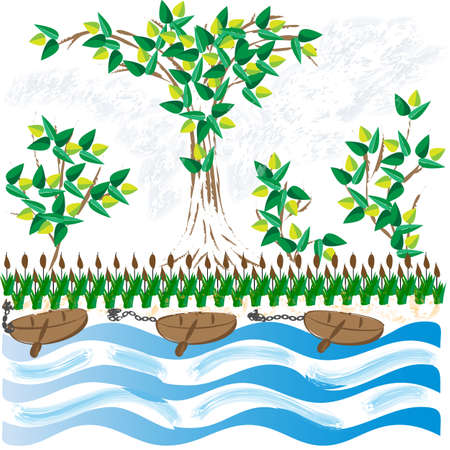 Landscape with old fishing boats on the lake on a sunny summer day, in the foreground, in the background a slope with trees against a blue sky.のイラスト素材