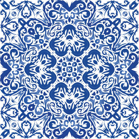 Antique azulejo tiles patchwork. Original design. Vector seamless pattern frame. Blue spain and portuguese decor for bags, smartphone cases, T-shirts, linens or scrapbooking.のイラスト素材