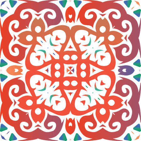 Decorative color ceramic talavera tiles. Stylish design. Vector seamless pattern concept. Red folk ethnic ornament for print, web background, surface texture, towels, pillows, wallpaper.のイラスト素材