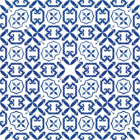 Antique azulejo tiles patchwork. Vector seamless pattern texture. Modern design. Blue spain and portuguese decor for bags, smartphone cases, T-shirts, linens or scrapbooking.のイラスト素材