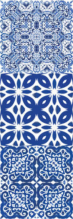 Antique portuguese azulejo ceramic. Set of vector seamless patterns. Bathroom design. Blue floral and abstract decor for scrapbooking, smartphone cases, T-shirts, bags or linens.のイラスト素材