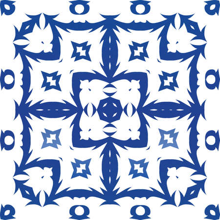 Decorative color ceramic azulejo tiles. Vector seamless pattern frame. Geometric design. Blue folk ethnic ornament for print, web background, surface texture, towels, pillows, wallpaper.のイラスト素材