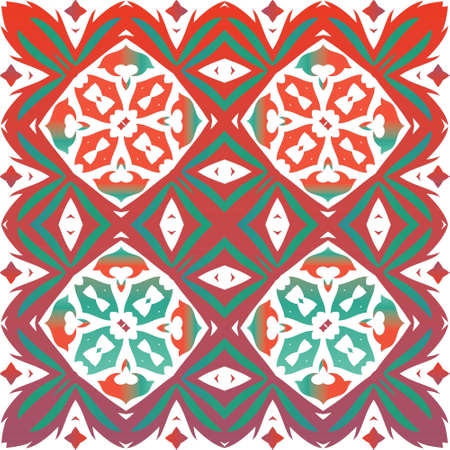 Decorative color ceramic talavera tiles. Vector seamless pattern poster. Bathroom design. Red folk ethnic ornament for print, web background, surface texture, towels, pillows, wallpaper.のイラスト素材