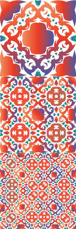 Antique mexican talavera ceramic. Creative design. Collection of vector seamless patterns. Red floral and abstract decor for scrapbooking, smartphone cases, T-shirts, bags or linens.のイラスト素材