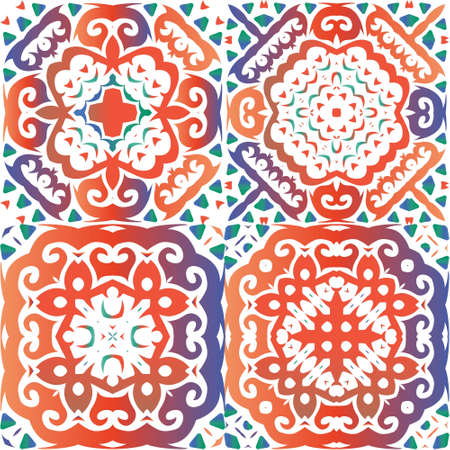 Ornamental talavera mexico tiles decor. Bathroom design. Set of vector seamless patterns. Red gorgeous flower folk prints for linens, smartphone cases, scrapbooking, bags or T-shirts.のイラスト素材