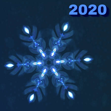 2020 Happy New Year greeting card with abstract shining sapphire cosmic snowflake on navy...