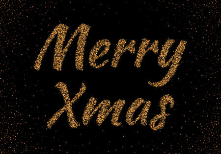 Gold christmas glittering lettering on black background. Luxury element of your creative design. Vector illustration. EPS 10. Elegant trendy text for greeting card, banners, invitations or postcards.のイラスト素材
