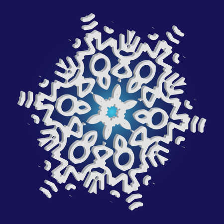 Isolated falling snowflake on blue background. Vector illustration - icon. Minimal concept with expressive forms and colors. White abstract paper craft 3d ornament for banners, greeting cards.のイラスト素材