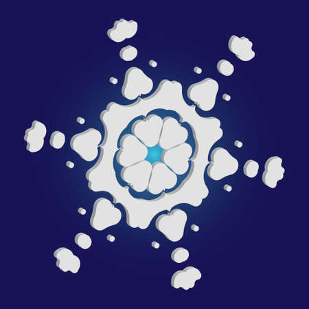 Simple snowflake with shadow on blue background. Vector illustration - frame. Minimal concept with expressive forms and colors. White New Year and Christmas 3d ornament for banner or cards.のイラスト素材