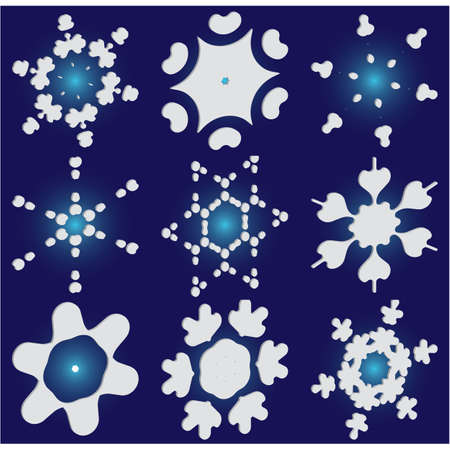 Kit of simple, beautiful snowflakes on blue background. Cool concept accurate forms and colors. Vector illustration posters. White luxury isolated 3d silhouettes of frosty christmas symbols.のイラスト素材