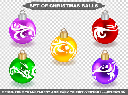 Colorful christmas glass balls with white patterns on a transparent checkered background.  Festive decoration spheres for xmas and new year. Vector illustration kit of colored and realistic objects.のイラスト素材