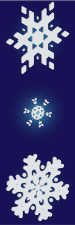 Collection of cute snowflakes on blue background. Clean concept accurate forms and colors. Vector illustration decorations. White nice snow flakes, carved silhouettes. New year 3d ornaments.のイラスト素材