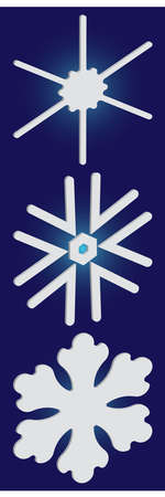 Kit of simple, beautiful snowflakes on blue background.  Original concept accurate forms and colors. Vector illustration frames. White luxury isolated 3d silhouettes of frosty christmas symbols.のイラスト素材