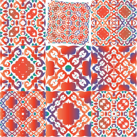 Antique mexican talavera ceramic. Graphic design. Set of vector seamless patterns. Red floral and abstract decor for scrapbooking, smartphone cases, T-shirts, bags or linens.のイラスト素材