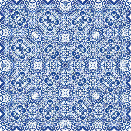 Antique portuguese azulejo ceramic. Vector seamless pattern concept. Bathroom design. Blue floral and abstract decor for scrapbooking, smartphone cases, T-shirts, bags or linens.のイラスト素材