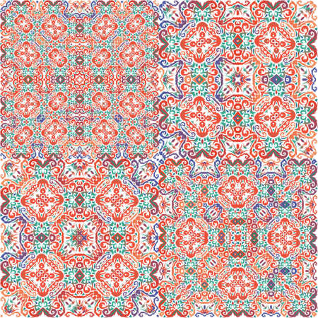 Traditional ornate mexican talavera. Graphic design. Set of vector seamless patterns. Red abstract...