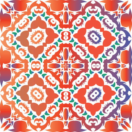 Mexican ornamental talavera ceramic. Geometric design. Vector seamless pattern arabesque. Red vintage backdrop for wallpaper, web background, towels, print, surface texture, pillows.のイラスト素材