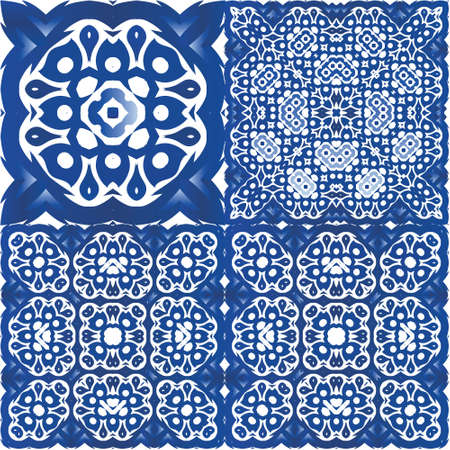 Portuguese vintage azulejo tiles. Universal design. Collection of vector seamless patterns. Blue antique backgrounds for pillows, print, wallpaper, web backdrop, towels, surface texture.のイラスト素材