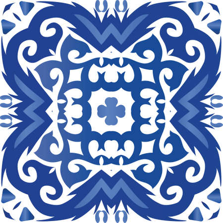 Portuguese vintage azulejo tiles. Fashionable design. Vector seamless pattern flyer. Blue antique background for pillows, print, wallpaper, web backdrop, towels, surface texture.のイラスト素材