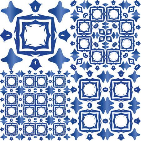 Portuguese vintage azulejo tiles. Fashionable design. Set of vector seamless patterns. Blue antique backgrounds for pillows, print, wallpaper, web backdrop, towels, surface texture.のイラスト素材