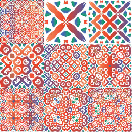 Antique ornate tiles talavera mexico. Collection of vector seamless patterns. Hand drawn design. Red ethnic backgrounds for T-shirts, scrapbooking, linens, smartphone cases or bags.のイラスト素材