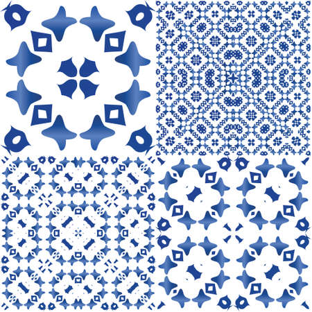 Portuguese vintage azulejo tiles. Modern design. Collection of vector seamless patterns. Blue antique backgrounds for pillows, print, wallpaper, web backdrop, towels, surface texture.のイラスト素材