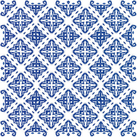 Portuguese ornamental azulejo ceramic. Vector seamless pattern template. Hand drawn design. Blue vintage backdrop for wallpaper, web background, towels, print, surface texture, pillows.のイラスト素材