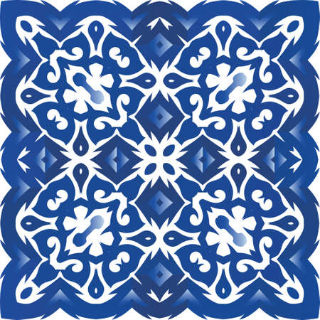 Portuguese vintage azulejo tiles. Vector seamless pattern watercolor. Kitchen design. Blue antique background for pillows, print, wallpaper, web backdrop, towels, surface texture.のイラスト素材