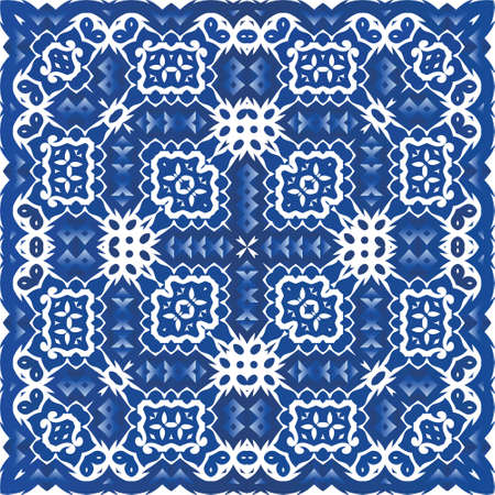 Antique portuguese azulejo ceramic. Vector seamless pattern frame. Bathroom design. Blue floral and abstract decor for scrapbooking, smartphone cases, T-shirts, bags or linens.のイラスト素材