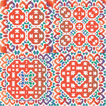 Decorative color ceramic talavera tiles. Collection of vector seamless patterns. Bathroom design. Red folk ethnic ornaments for print, web background, surface texture, towels, pillows, wallpaper.のイラスト素材