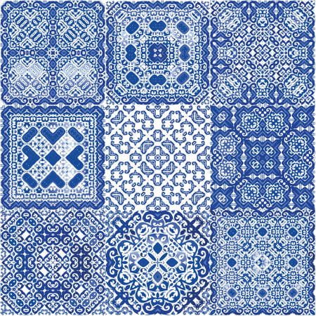 Decorative color ceramic azulejo tiles. Modern design. Collection of vector seamless patterns. Blue folk ethnic ornaments for print, web background, surface texture, towels, pillows, wallpaper.のイラスト素材