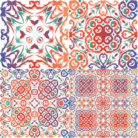 Mexican ornamental talavera ceramic. Hand drawn design. Kit of vector seamless patterns. Red vintage backdrops for wallpaper, web background, towels, print, surface texture, pillows.のイラスト素材