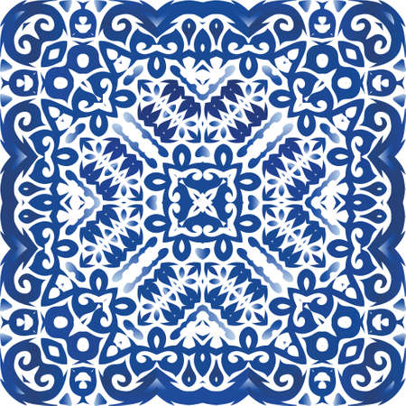 Decorative color ceramic azulejo tiles. Original design. Vector seamless pattern collage. Blue folk ethnic ornament for print, web background, surface texture, towels, pillows, wallpaper.のイラスト素材