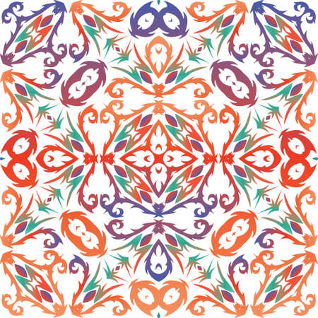 Mexican vintage talavera tiles. Universal design. Vector seamless pattern watercolor. Red antique background for pillows, print, wallpaper, web backdrop, towels, surface texture.のイラスト素材