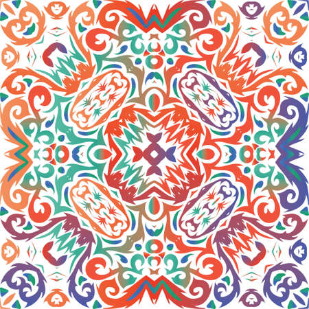 Ethnic ceramic tile in mexican talavera. Vector seamless pattern arabesque. Hand drawn design. Red vintage ornament for surface texture, towels, pillows, wallpaper, print, web background.のイラスト素材