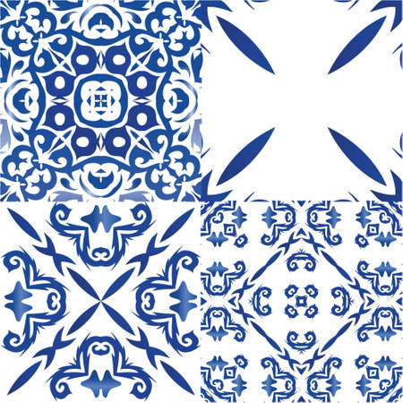 Portuguese vintage azulejo tiles. Kit of vector seamless patterns. Original design. Blue antique backgrounds for pillows, print, wallpaper, web backdrop, towels, surface texture.のイラスト素材