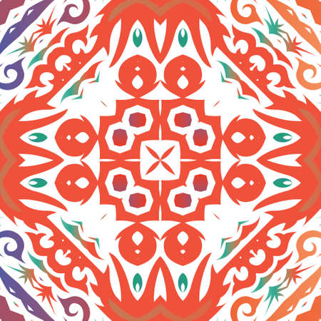 Mexican vintage talavera tiles. Vector seamless pattern frame. Minimal design. Red antique background for pillows, print, wallpaper, web backdrop, towels, surface texture.のイラスト素材