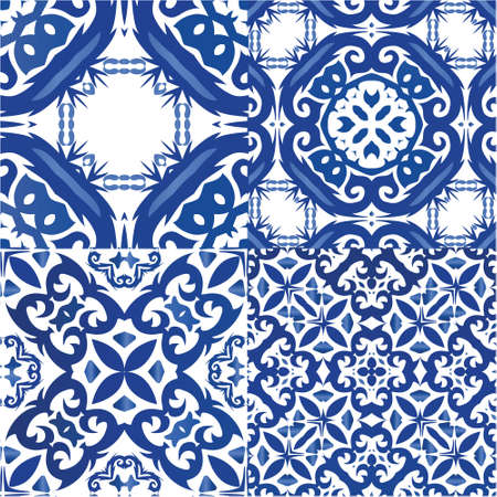 Ceramic tiles azulejo portugal. Collection of vector seamless patterns. Graphic design. Blue ethnic...